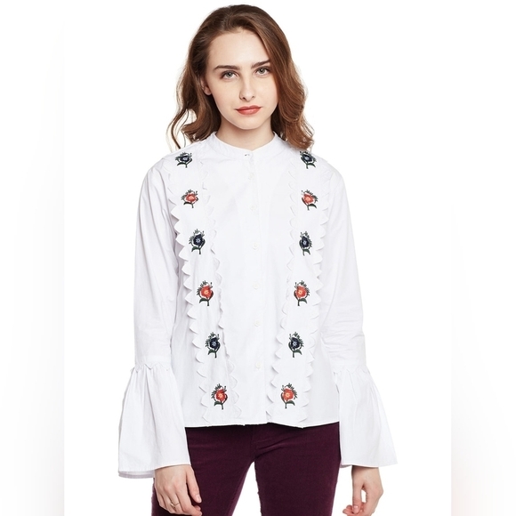 Topshop Cotton White Embroidered Button Down Size 4 - Picture 1 of 9
